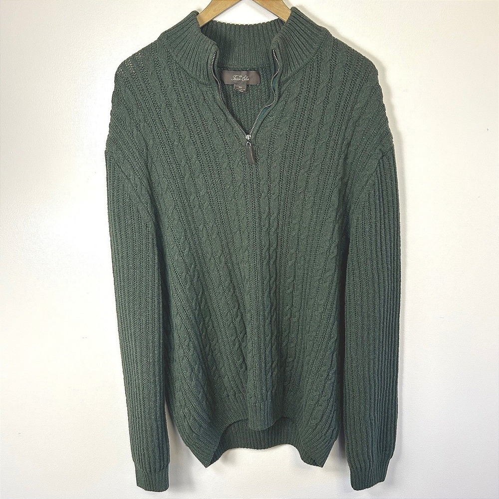 Tasso Elba Forest Green Cable Knit Quarter Zip Sweater XXL GrandpaCore Ivy‎ Prep